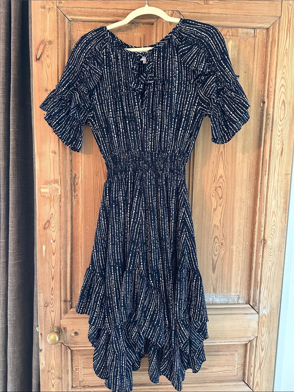 Navy Patterned Ruffle-Sleeve Midi Dress